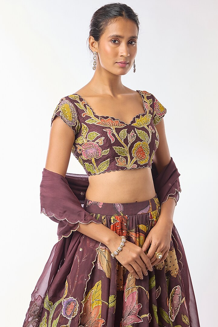 Deep Burgundy Organza Kalamkari Hand Painted Wedding Lehenga Set by Myriti at Pernia's Pop Up Shop