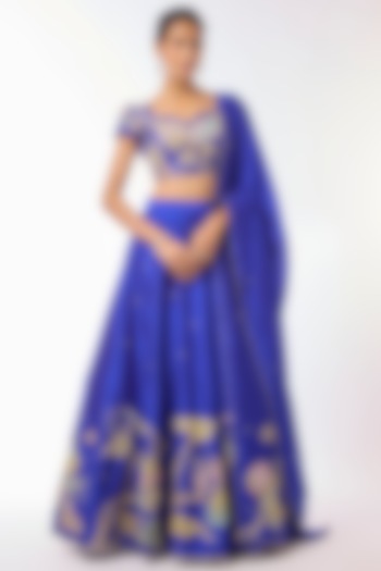 Royal Blue Chanderi Floral Embroidered A-Line Wedding Lehenga Set by Myriti at Pernia's Pop Up Shop