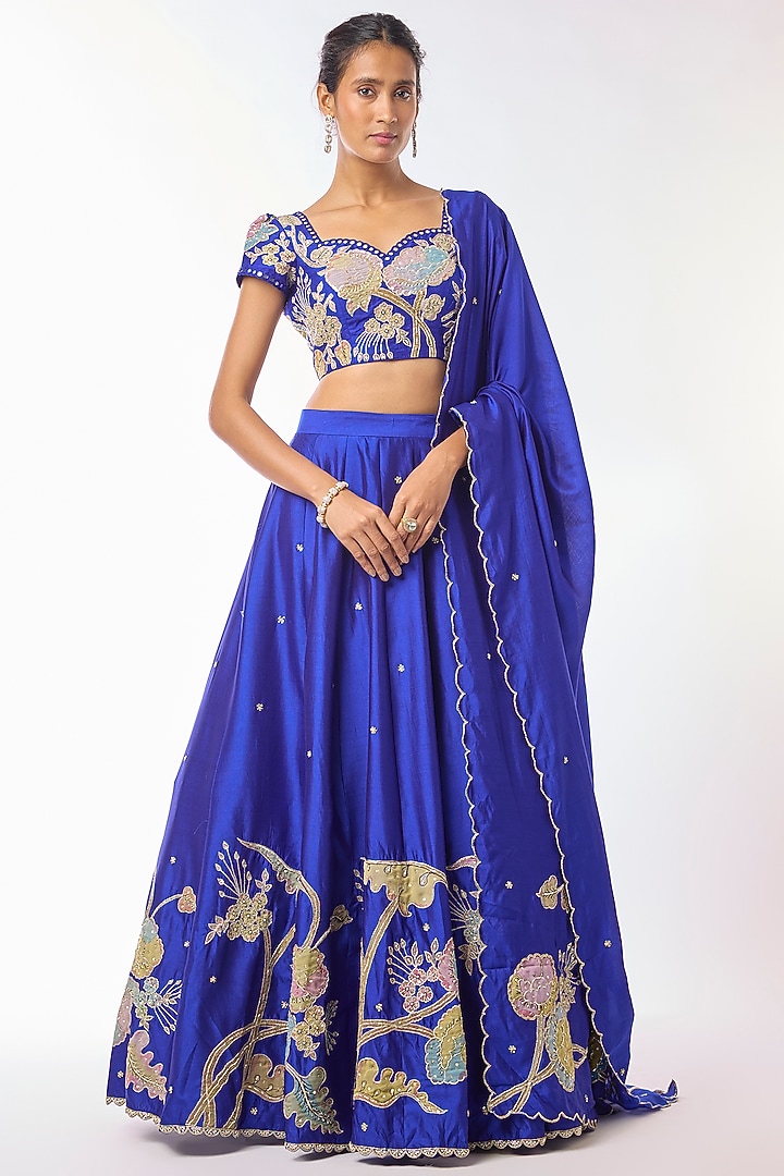 Royal Blue Chanderi Floral Embroidered A-Line Wedding Lehenga Set by Myriti at Pernia's Pop Up Shop