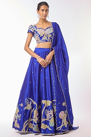 Royal Blue Chanderi Floral Embroidered A-Line Lehenga Set by Myriti