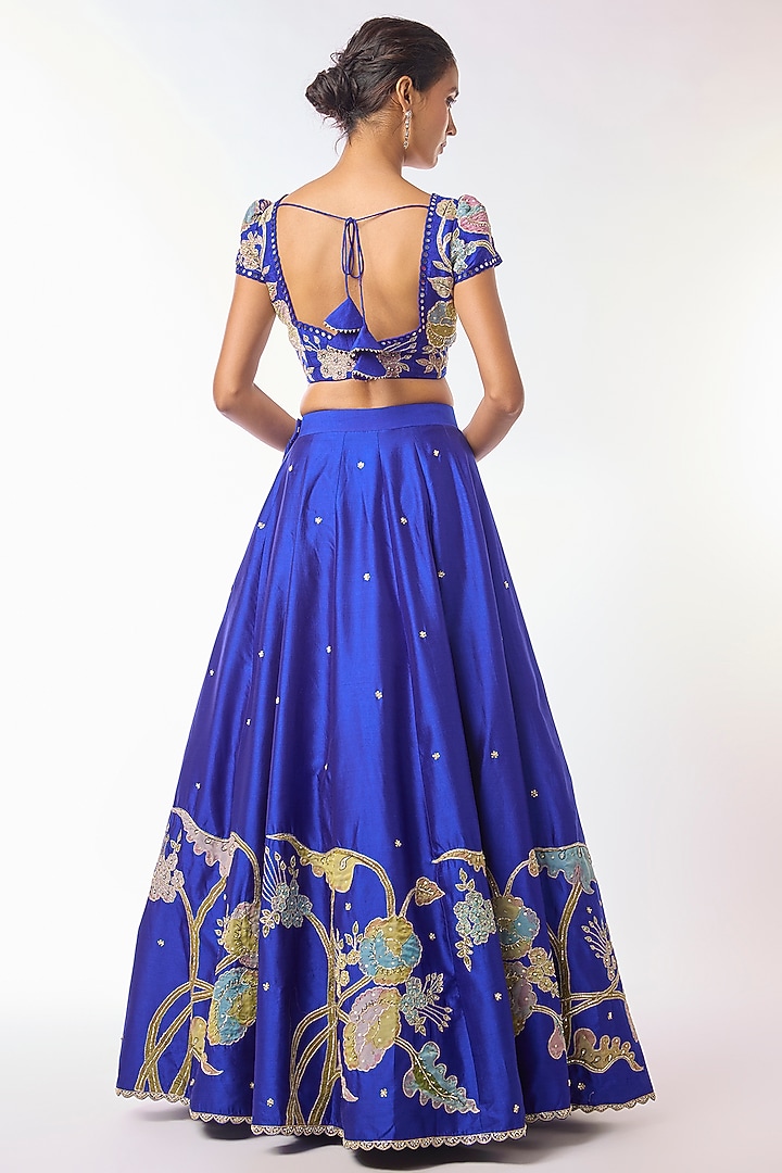 Royal Blue Chanderi Floral Embroidered A-Line Wedding Lehenga Set by Myriti at Pernia's Pop Up Shop