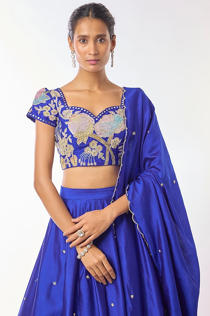 Royal Blue Chanderi Floral Embroidered A-Line Wedding Lehenga Set by Myriti at Pernia's Pop Up Shop