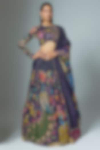 Purple Organza Kalamkari Hand Painted Wedding Lehenga Set by Myriti at Pernia's Pop Up Shop