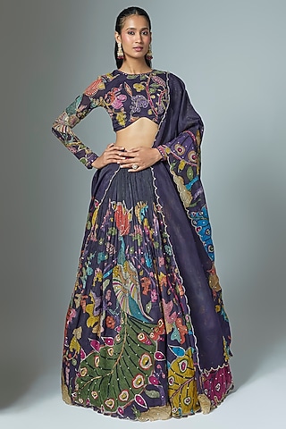 Purple Organza Kalamkari Hand Painted Lehenga Set by Myriti