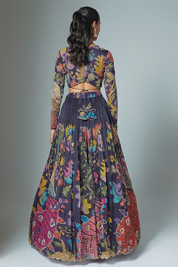 Purple Organza Kalamkari Hand Painted Wedding Lehenga Set by Myriti at Pernia's Pop Up Shop