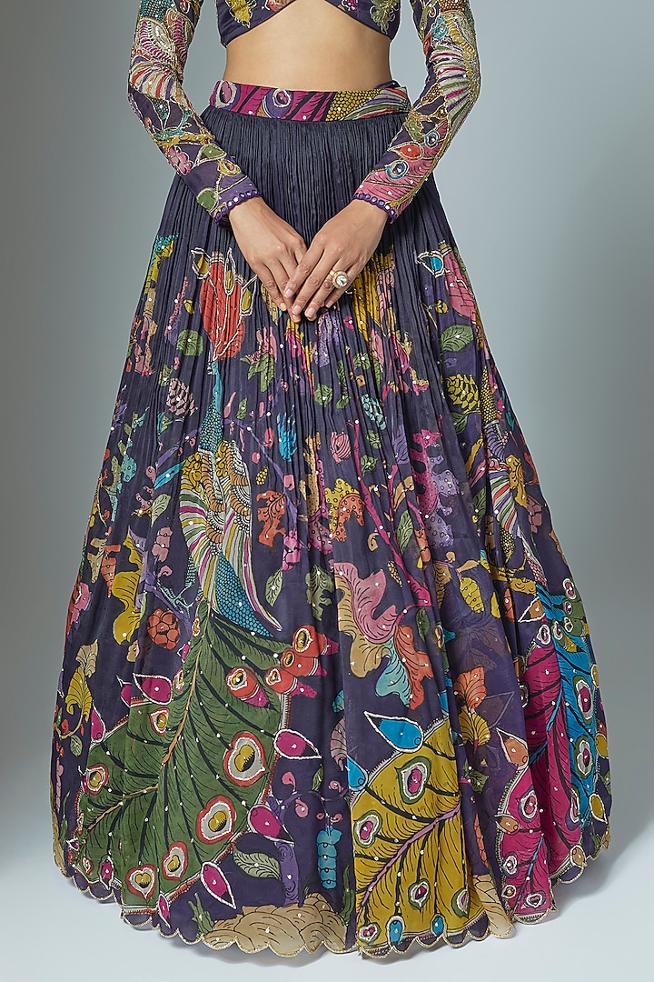 Purple Organza Kalamkari Hand Painted Wedding Lehenga Set by Myriti at Pernia's Pop Up Shop
