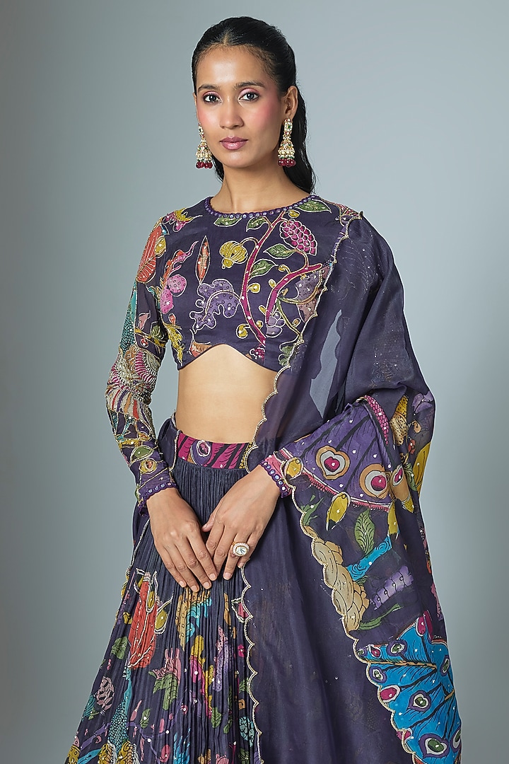 Purple Organza Kalamkari Hand Painted Wedding Lehenga Set by Myriti at Pernia's Pop Up Shop