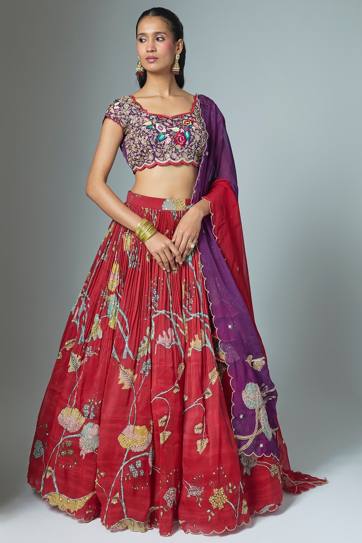 Myriti Red Organza Kalamkari Hand Painted Lehenga Set