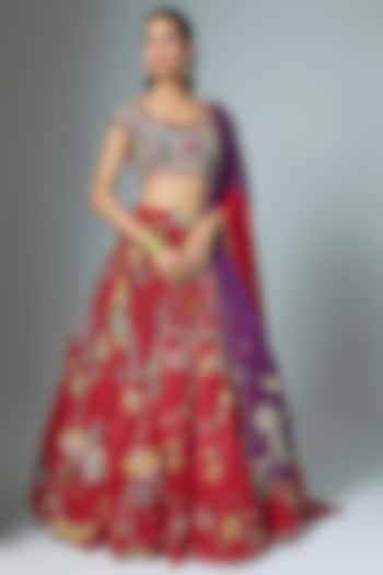 Red Organza Kalamkari Hand Painted Wedding Lehenga Set by Myriti at Pernia's Pop Up Shop