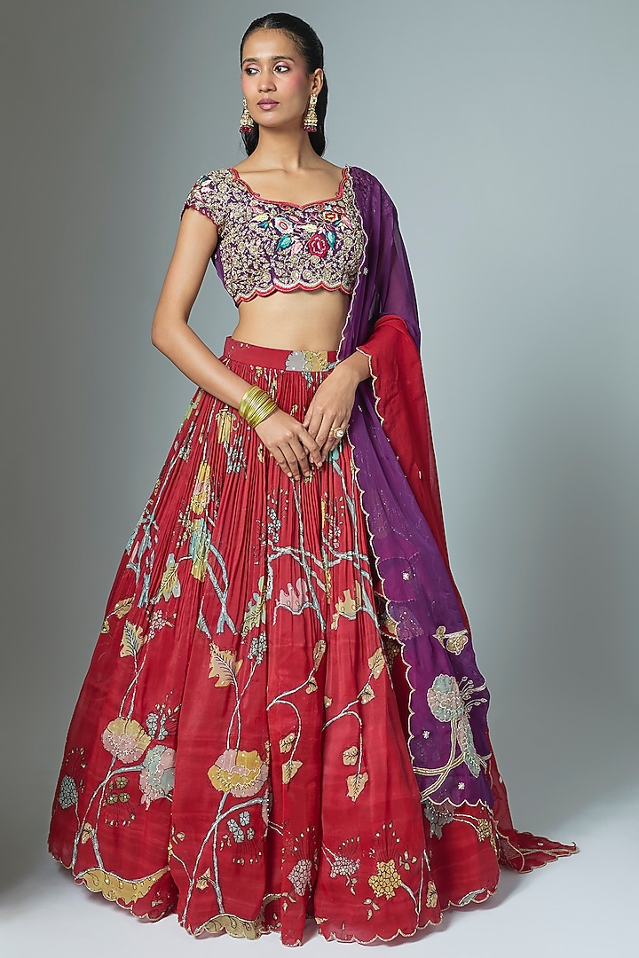 Red Organza Kalamkari Hand Painted Wedding Lehenga Set by Myriti at Pernia's Pop Up Shop