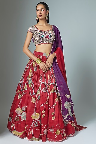 Red Organza Kalamkari Hand Painted Lehenga Set by Myriti