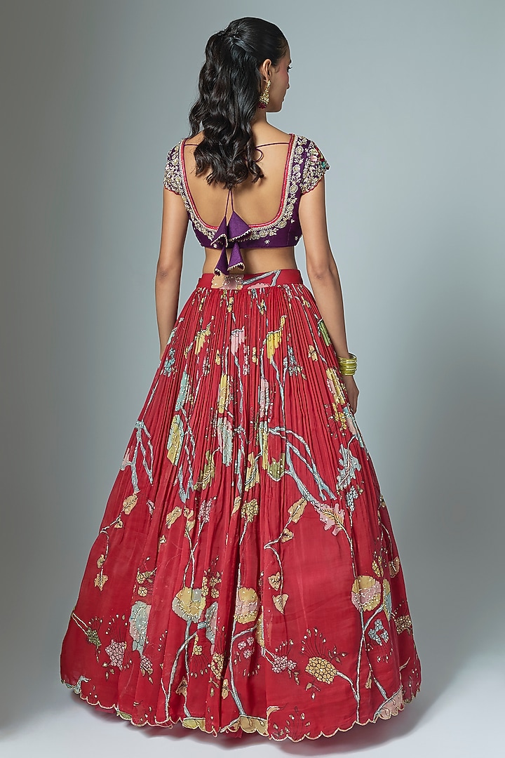 Red Organza Kalamkari Hand Painted Wedding Lehenga Set by Myriti at Pernia's Pop Up Shop