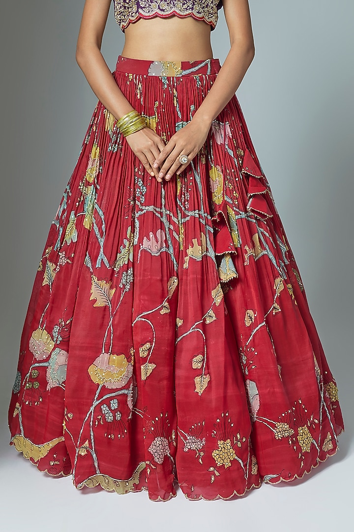 Red Organza Kalamkari Hand Painted Wedding Lehenga Set by Myriti at Pernia's Pop Up Shop