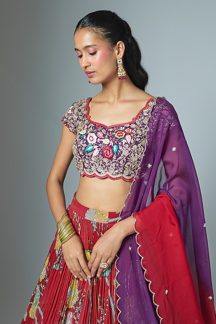 Red Organza Kalamkari Hand Painted Wedding Lehenga Set by Myriti at Pernia's Pop Up Shop
