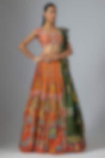 Orange Bangalore Silk Kalamkari Printed & Embroidered Wedding Lehenga Set by Myriti at Pernia's Pop Up Shop