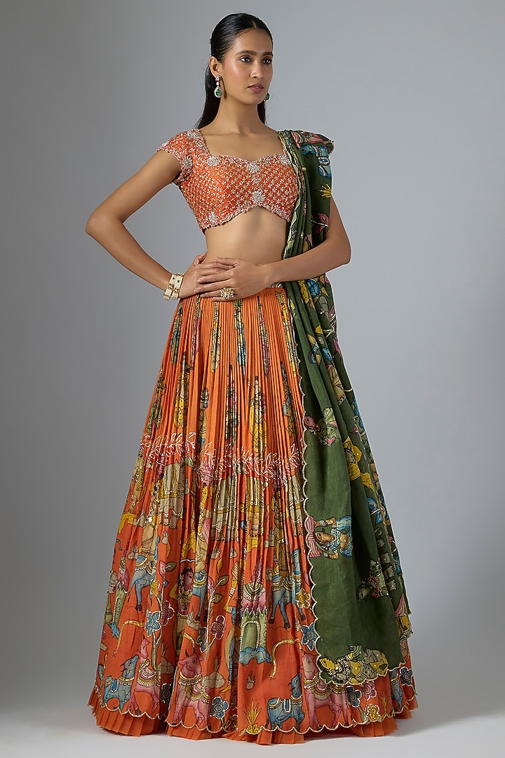 Orange Bangalore Silk Kalamkari Printed & Embroidered Wedding Lehenga Set by Myriti at Pernia's Pop Up Shop