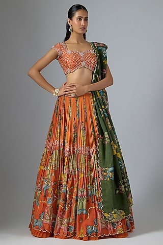 Orange Bangalore Silk Kalamkari Printed & Embroidered Lehenga Set by Myriti