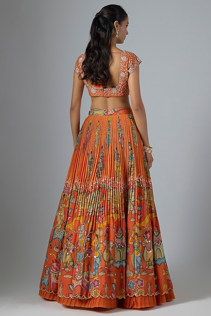 Orange Bangalore Silk Kalamkari Printed & Embroidered Wedding Lehenga Set by Myriti at Pernia's Pop Up Shop