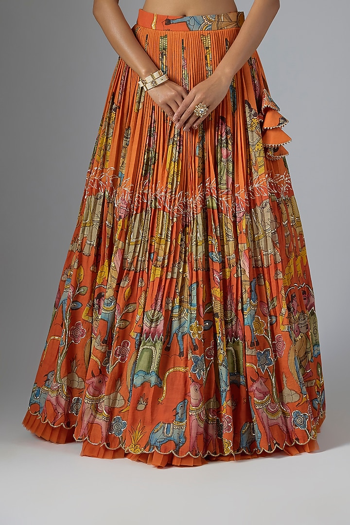 Orange Bangalore Silk Kalamkari Printed & Embroidered Wedding Lehenga Set by Myriti at Pernia's Pop Up Shop