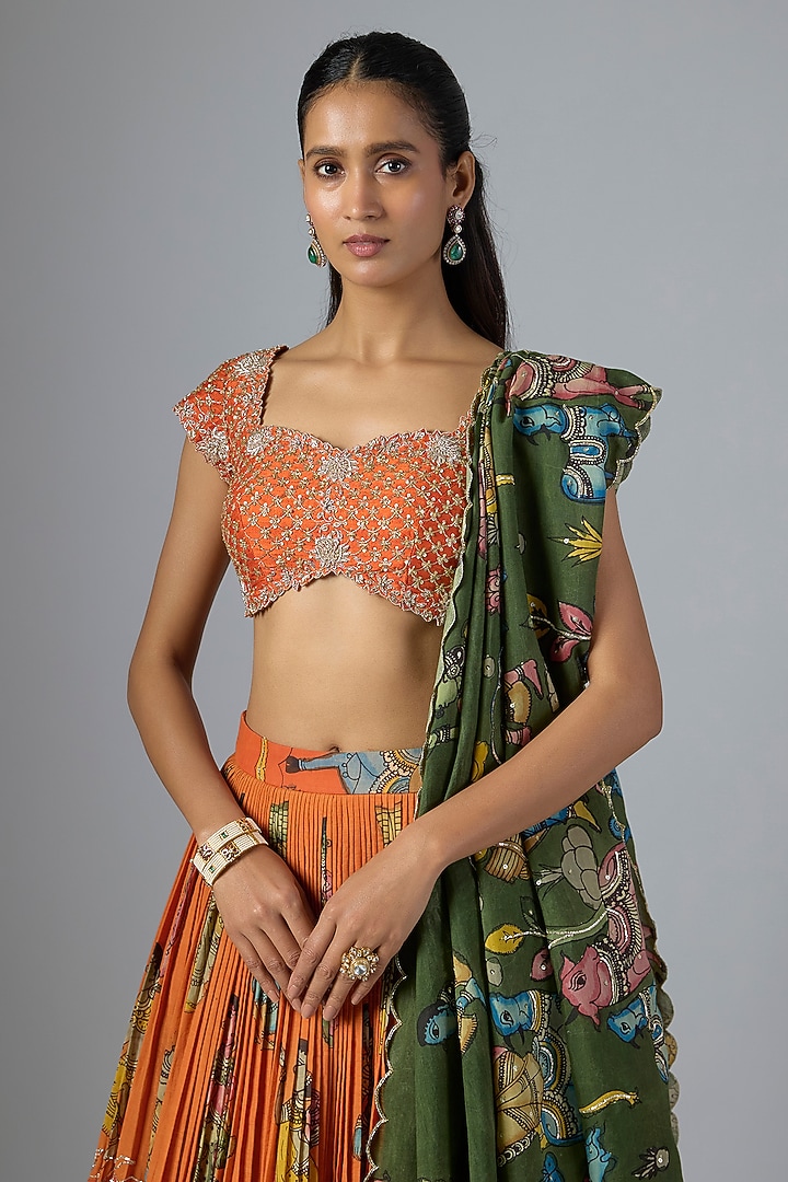 Orange Bangalore Silk Kalamkari Printed & Embroidered Wedding Lehenga Set by Myriti at Pernia's Pop Up Shop