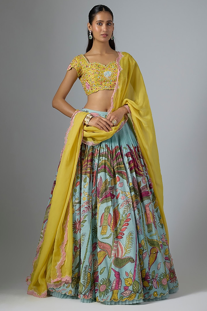 Blue Bangalore Silk Kalamkari Printed & Embroidered Wedding Lehenga Set by Myriti at Pernia's Pop Up Shop