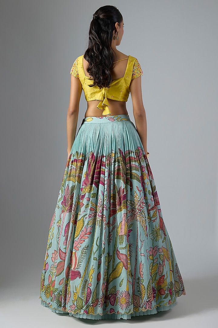 Blue Bangalore Silk Kalamkari Printed & Embroidered Wedding Lehenga Set by Myriti at Pernia's Pop Up Shop