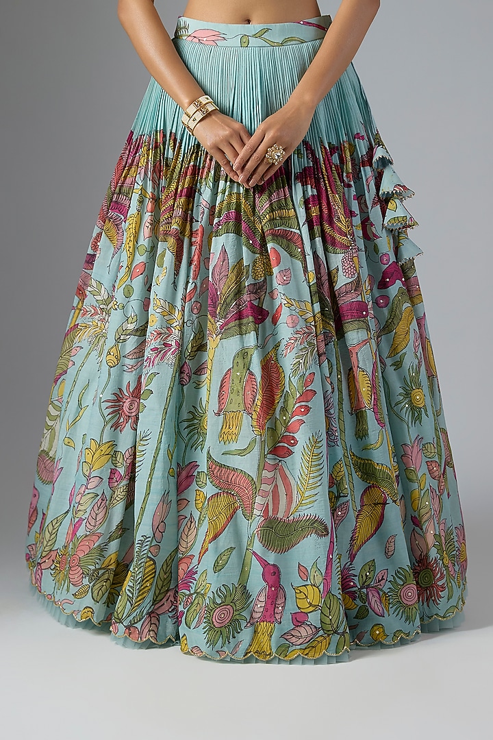 Blue Bangalore Silk Kalamkari Printed & Embroidered Wedding Lehenga Set by Myriti at Pernia's Pop Up Shop