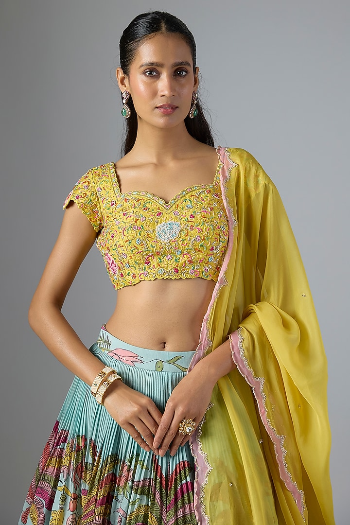 Blue Bangalore Silk Kalamkari Printed & Embroidered Wedding Lehenga Set by Myriti at Pernia's Pop Up Shop