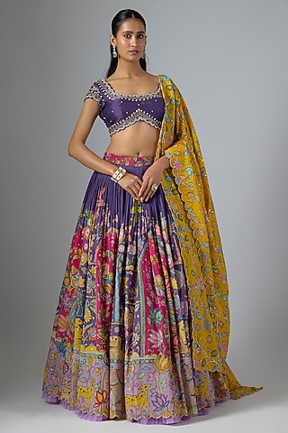 Purple Bangalore Silk Kalamkari Printed & Embroidered Lehenga Set by Myriti