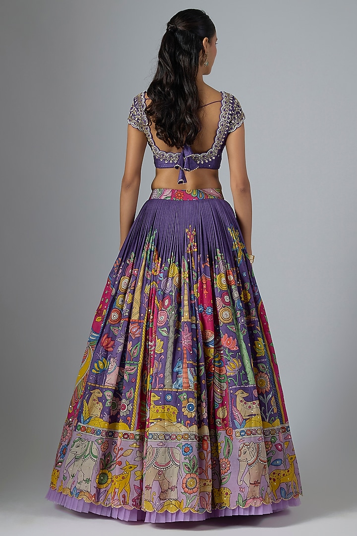 Purple Bangalore Silk Kalamkari Printed & Embroidered Wedding Lehenga Set by Myriti at Pernia's Pop Up Shop