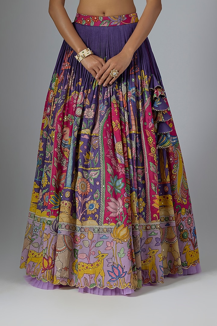 Purple Bangalore Silk Kalamkari Printed & Embroidered Wedding Lehenga Set by Myriti at Pernia's Pop Up Shop