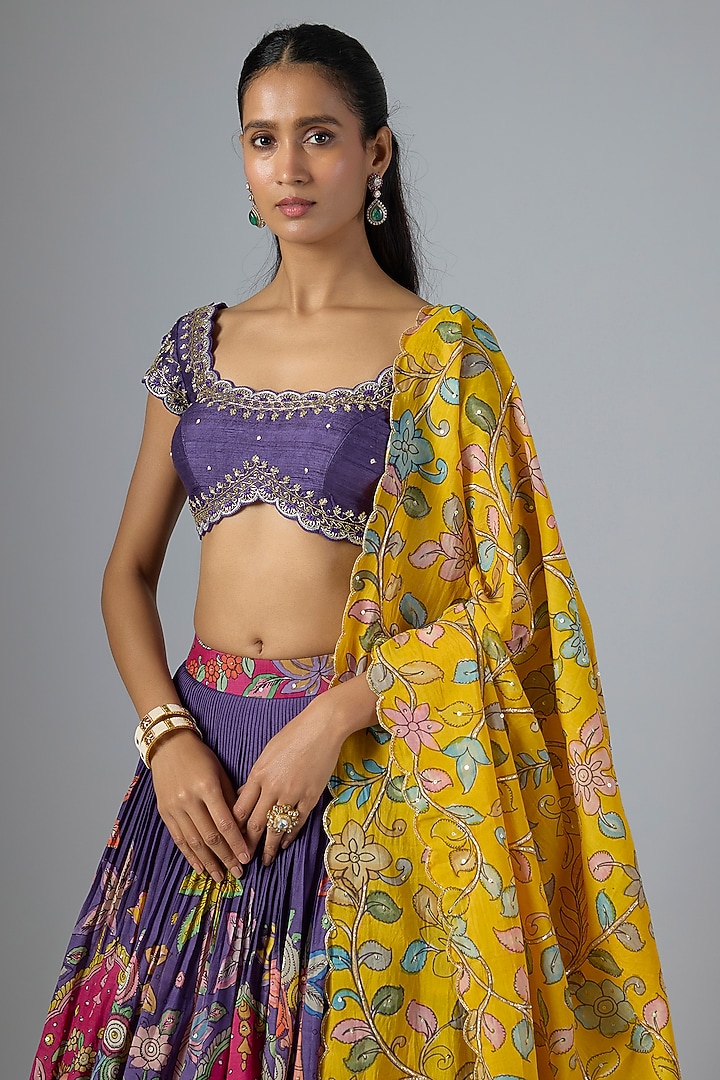 Purple Bangalore Silk Kalamkari Printed & Embroidered Wedding Lehenga Set by Myriti at Pernia's Pop Up Shop
