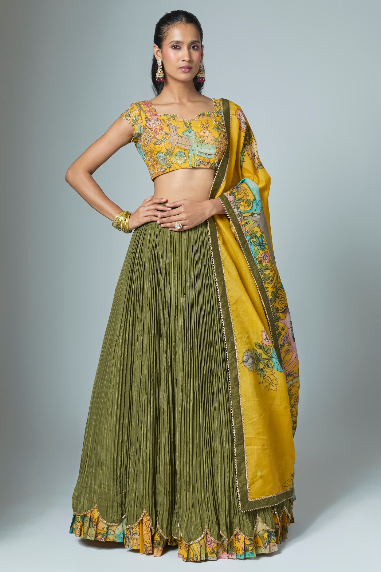 Myriti Olive Green Natural Crepe Lehenga Set