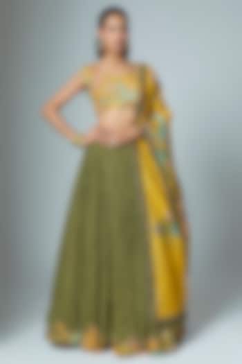 Olive Green Natural Crepe Wedding Lehenga Set by Myriti at Pernia's Pop Up Shop