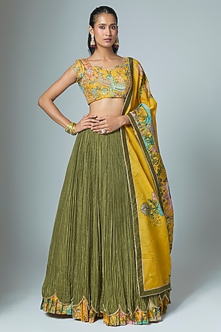 Olive Green Natural Crepe Lehenga Set by Myriti