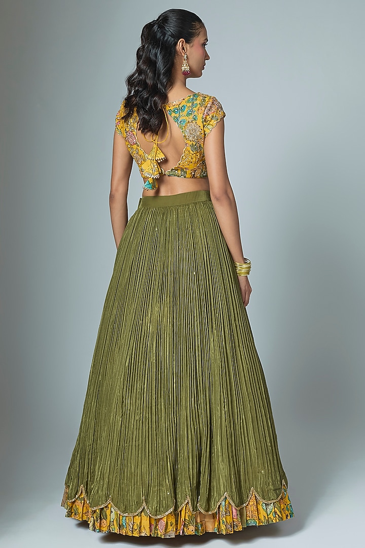 Olive Green Natural Crepe Wedding Lehenga Set by Myriti at Pernia's Pop Up Shop