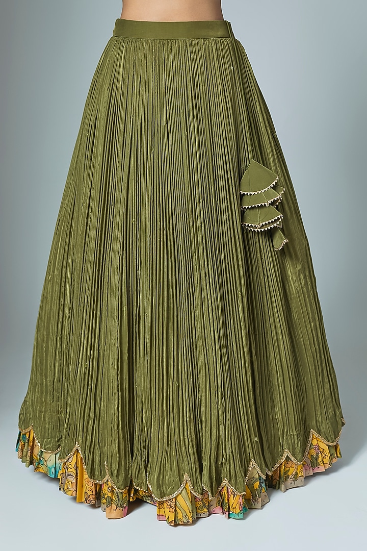 Olive Green Natural Crepe Wedding Lehenga Set by Myriti at Pernia's Pop Up Shop
