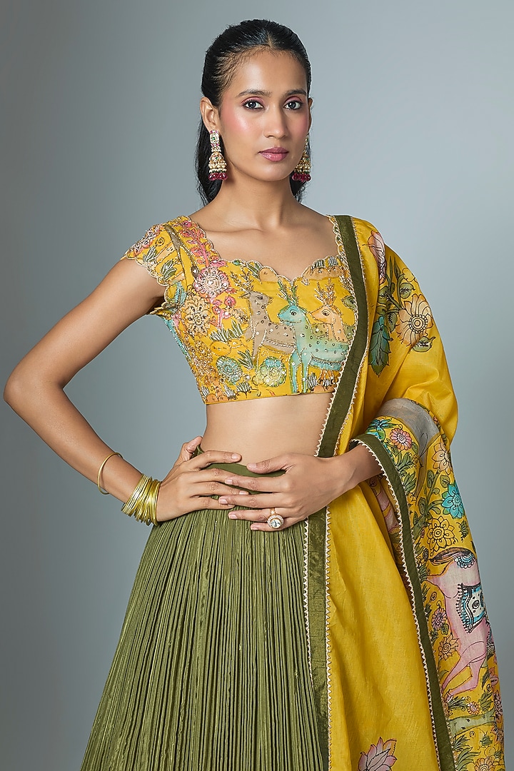 Olive Green Natural Crepe Wedding Lehenga Set by Myriti at Pernia's Pop Up Shop