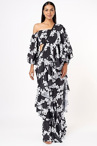 Black Printed Ruffled Saree Set by Mystic Vibes