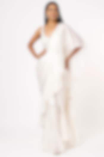 White Ruffled Draped Saree Set by Mystic Vibes