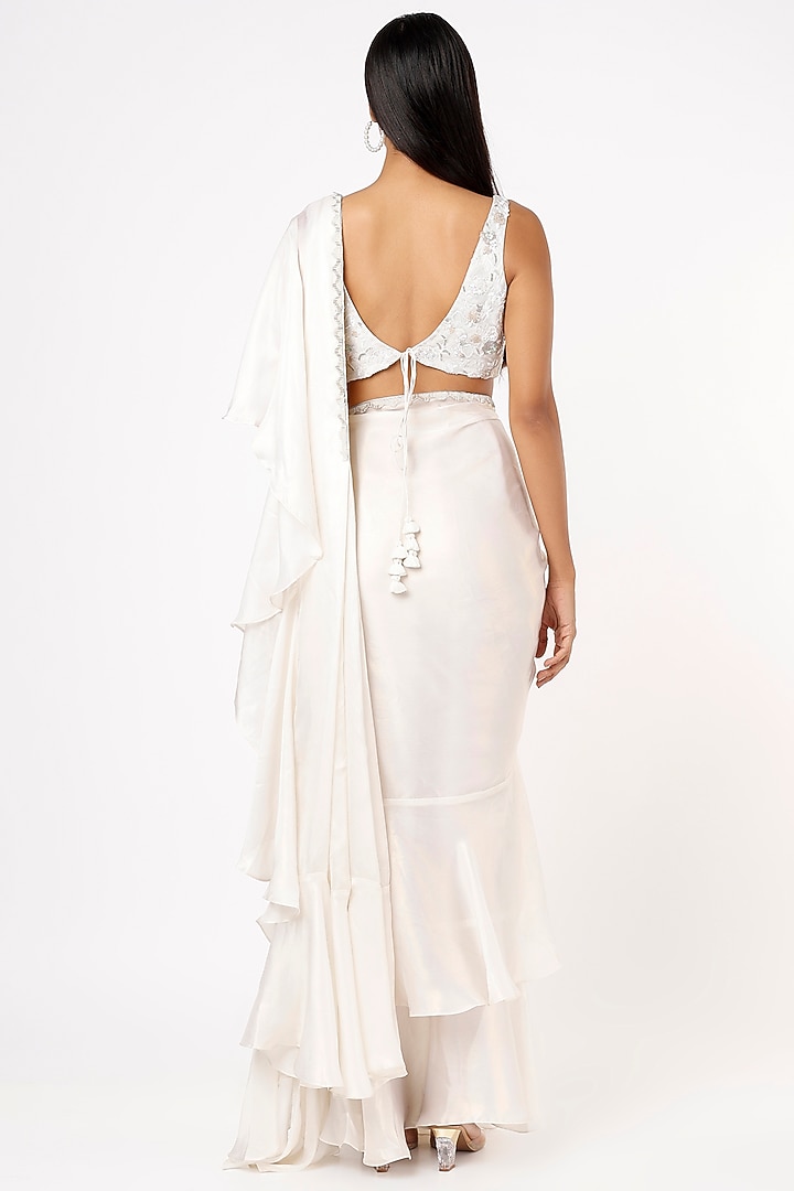 White Ruffled Draped Wedding Saree Set by Mystic Vibes at Pernia's Pop Up Shop