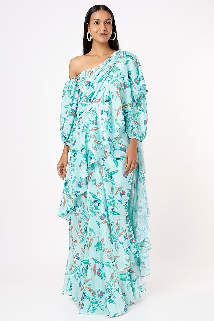 Powder Blue Polyester Printed Ruffled Saree Set by Mystic Vibes
