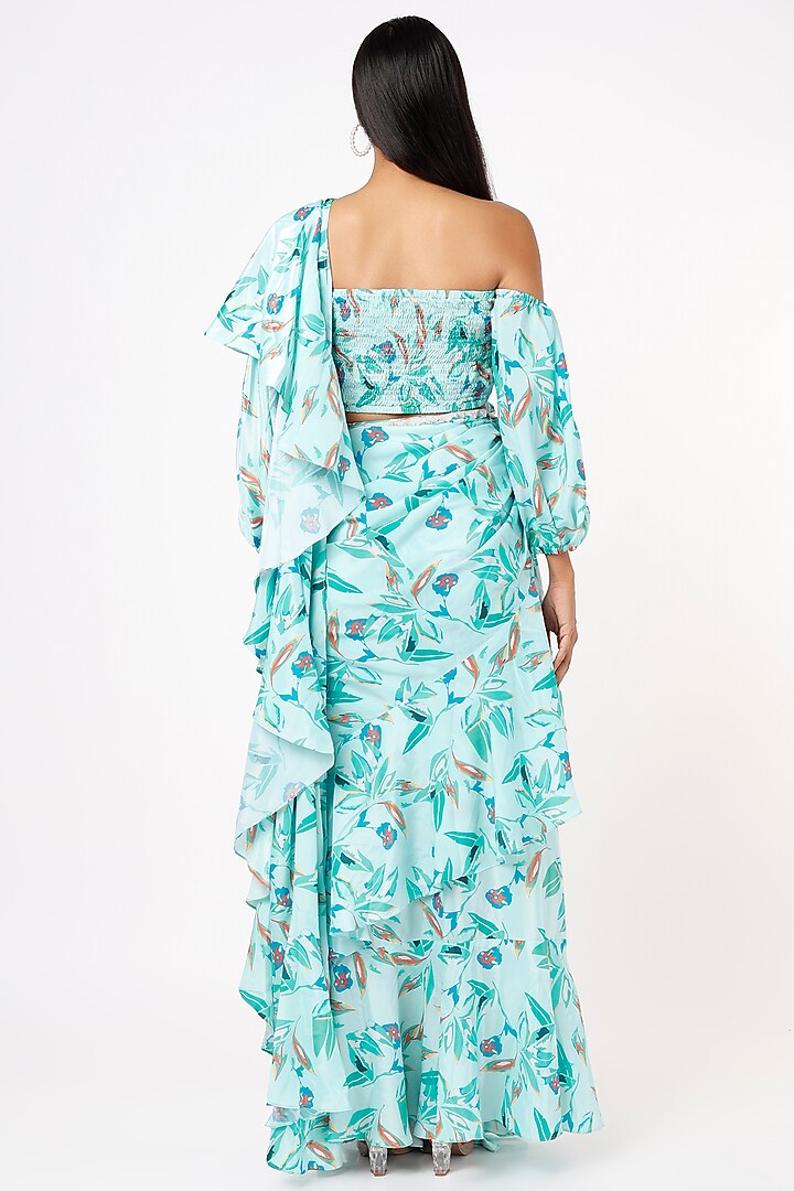 Powder Blue Polyester Printed Ruffled Party Wear Saree Set by Mystic Vibes at Pernia's Pop Up Shop