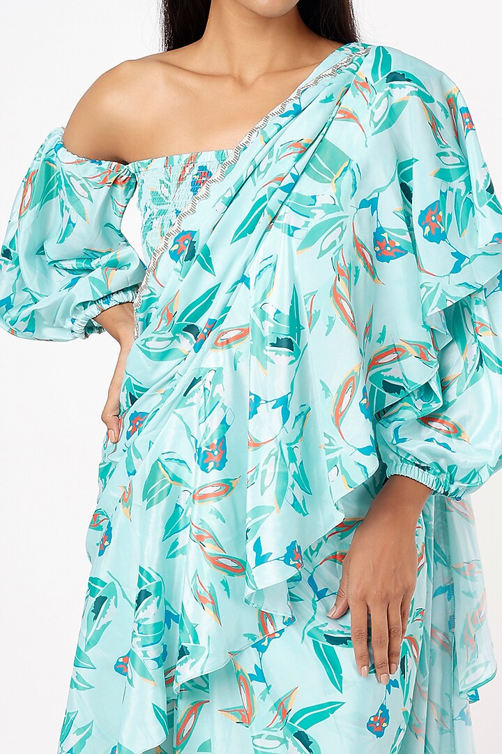 Powder Blue Polyester Printed Ruffled Party Wear Saree Set by Mystic Vibes at Pernia's Pop Up Shop