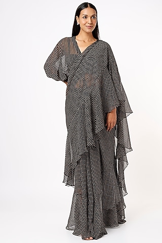 Black Printed Draped Saree Set by Mystic Vibes