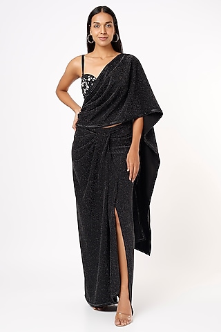 Black Shimmer Lycra Draped Saree Set by Mystic Vibes