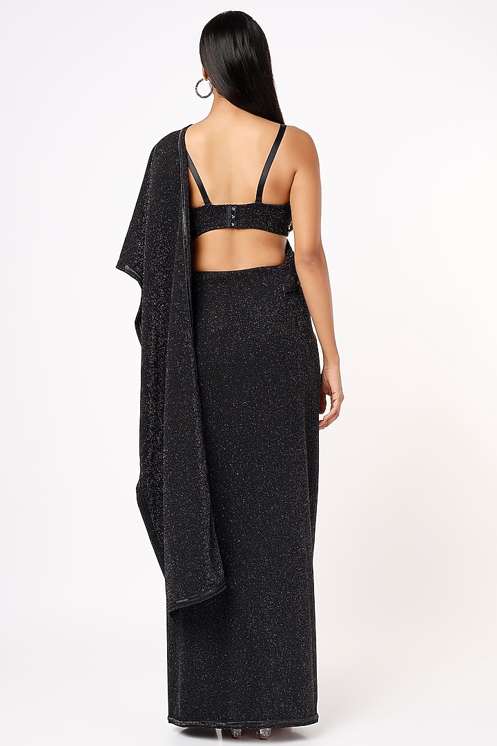 Black Shimmer Lycra Draped Wedding Saree Set by Mystic Vibes at Pernia's Pop Up Shop