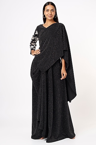 Black Draped Saree Set In Shimmer Lycra by Mystic Vibes
