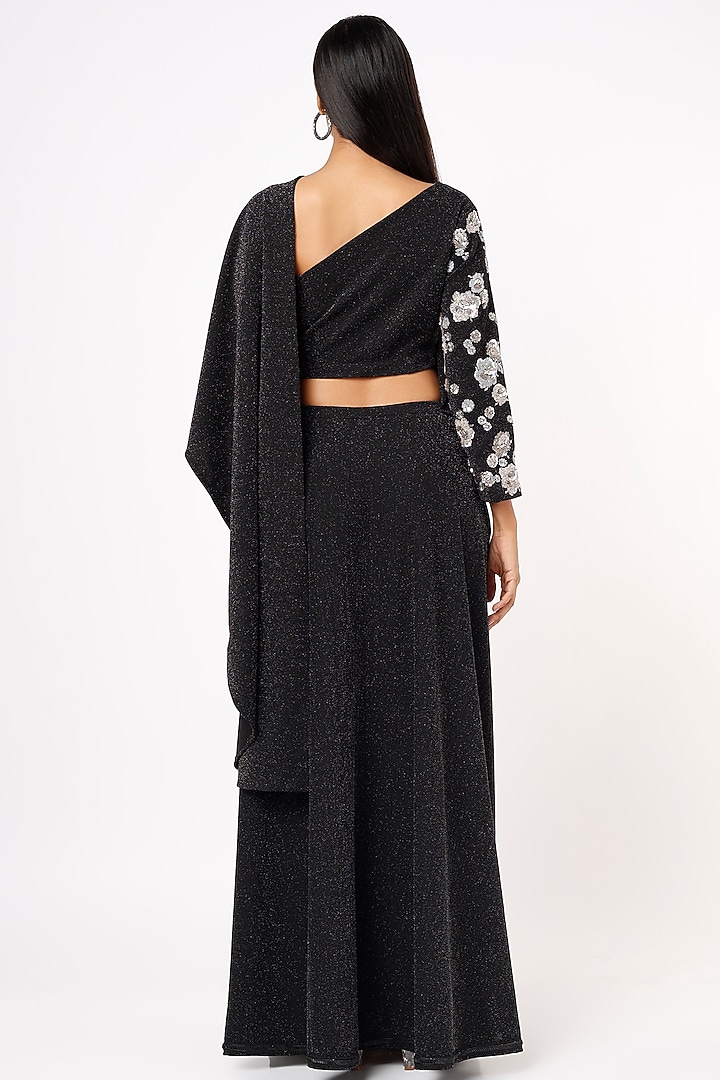 Black Draped Wedding Saree Set In Shimmer Lycra by Mystic Vibes at Pernia's Pop Up Shop