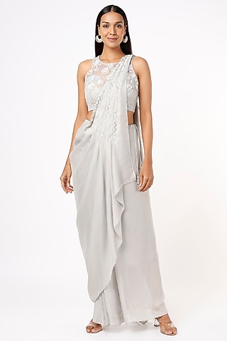 Light Grey Lame Draped Saree Set by Mystic Vibes